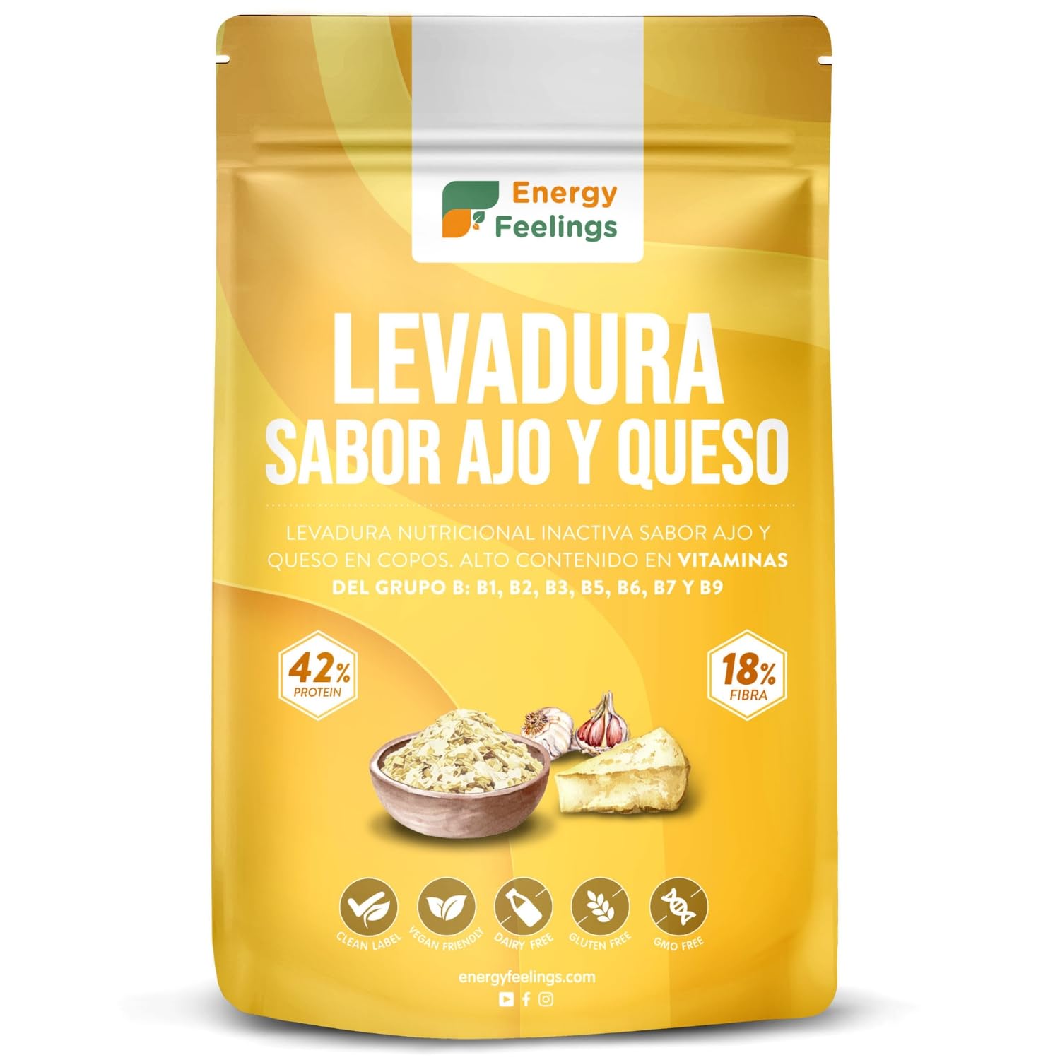 Energy Feelings Levedura nutricional B12, 1 kg, levedura nutritiva em flocos rica em vitamina B e proteínas, 51%, natural Yeast sem glúten, sem açúcar, ideal para queijo vegano