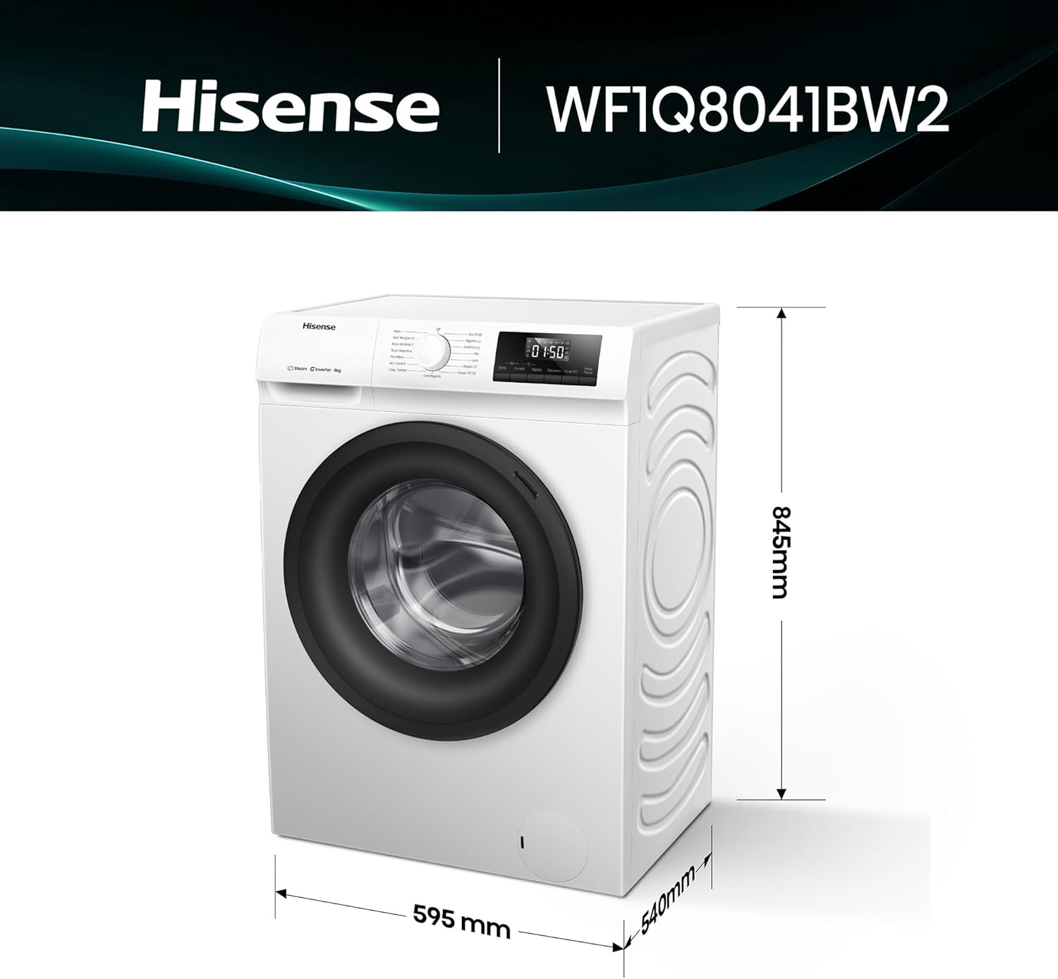 Hisense WF1Q8041BW2 - Máquina de lavar roupa, classe A, 8 kg, 1400 rpm, altura 85 cm x largura 60 cm, branco, função de vapor 99,9%, lavagem rápida, lavagem automática, conclusão diferida, Tecnologia