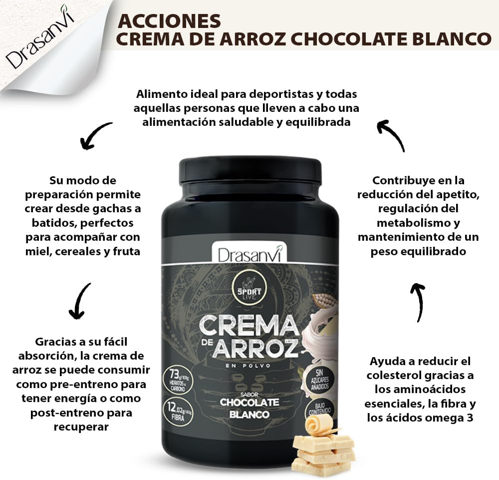 DRASANVI Creme de arroz | Creme de arroz fitness | Energia rápida e sustentada, Hidratos de carbono, fibra e proteínas de qualidade, sem gorduras nem açúcares adicionais, sabor chocolate branco - 1 kg
