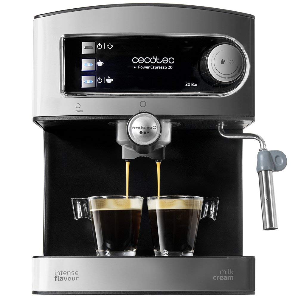 Cecotec Cafeteira Express manual Power Espresso 20 Essential. 850W, 20 bares, vaporizador orientável, braço de saída dupla, depósito de água 1,5 l, superfície de aquecimento, limpeza fácil