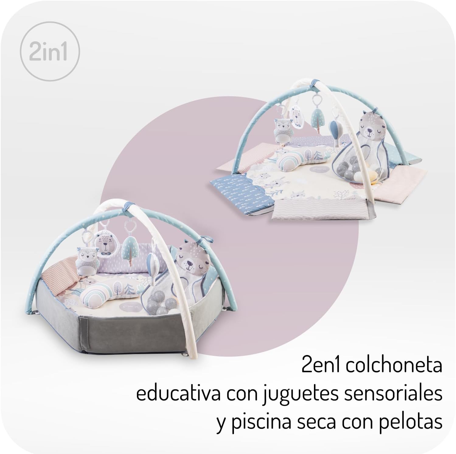 MoMi PASTEL arco de jogo com tapete para gatinhar 3 em 1 para bebés desde o nascimento, tapete de atividades sensorial com 2 arcos, banho de bolas, 5 brinquedos