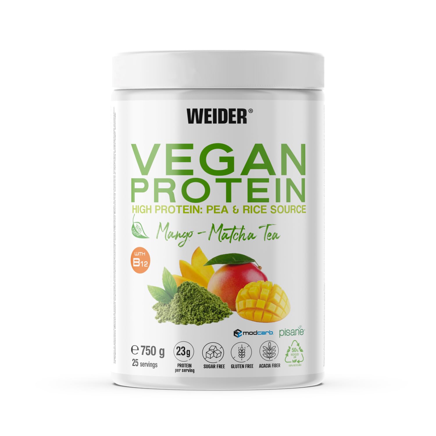 Weider Vegan Protein (750g) Sabor Vainilla. Proteína Vegana 23g/dosis Aislada Guisante (Pisane) y Arroz. Con Vitamina B12 y Stevia. Sin Gluten, Sin Azúcar. Bote 50% Reciclado, 100% Reciclable