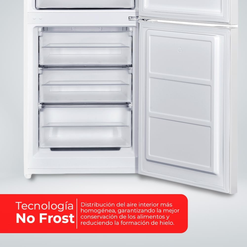 NILSON Frigorífico Combi Blanco, 2 Puertas. NC185600ENF, Capacidad 293 Litros, No Frost, Multi Air Flow, Bajo Nivel Sonoro, Puerta Reversible, Clasificación Energética E