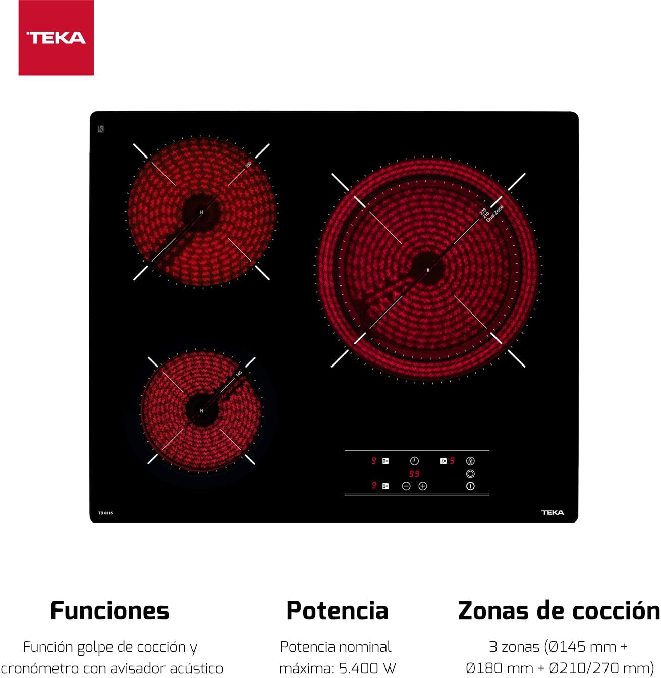Teka TB PRO 6315 - Vitrocerámica 3 Fuegos 60 cm, Tecnología Touch Control, con Cronómetro, Vitrocerámica Teka Color Negro