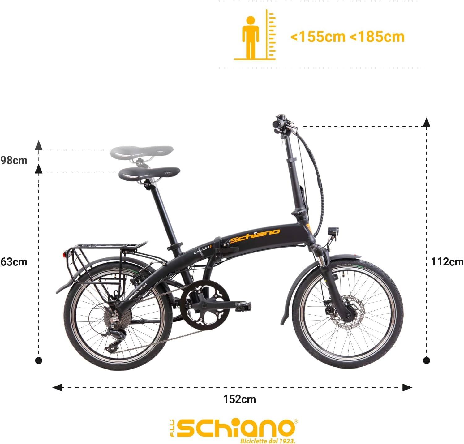F.lli Schiano Galaxy, bicicleta elétrica dobrável, 20", bateria de 36 V de 10,4 Ah removível, motor 250 W de 40 mm, bicicleta elétrica urbana, unissexo para adulto, preta