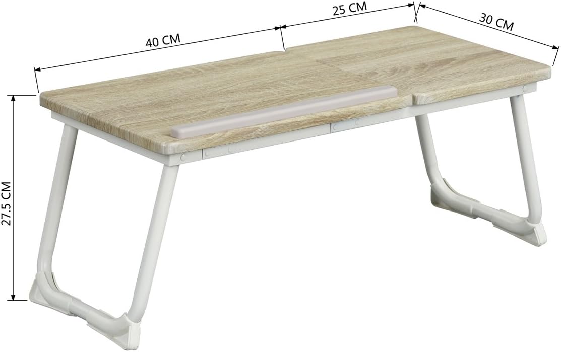 MEUBLE COSY - Mesa de cama con soporte para ordenador portátil plegable (altura regulable, tablero acabado de roble, base de metal blanco, 65 x 30 x 27,5 cm)