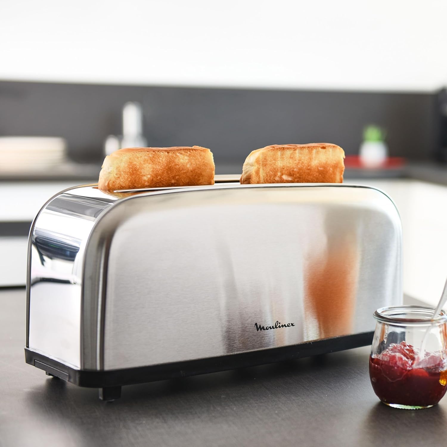 Moulinex Classic LS330D Torradeira de aço inoxidável, 2 ranhuras longas e largas, 1400 W, 6 posições torrada, função Stop e bandeja de recolha, para todos os tipos de pão normal, molde, artesão