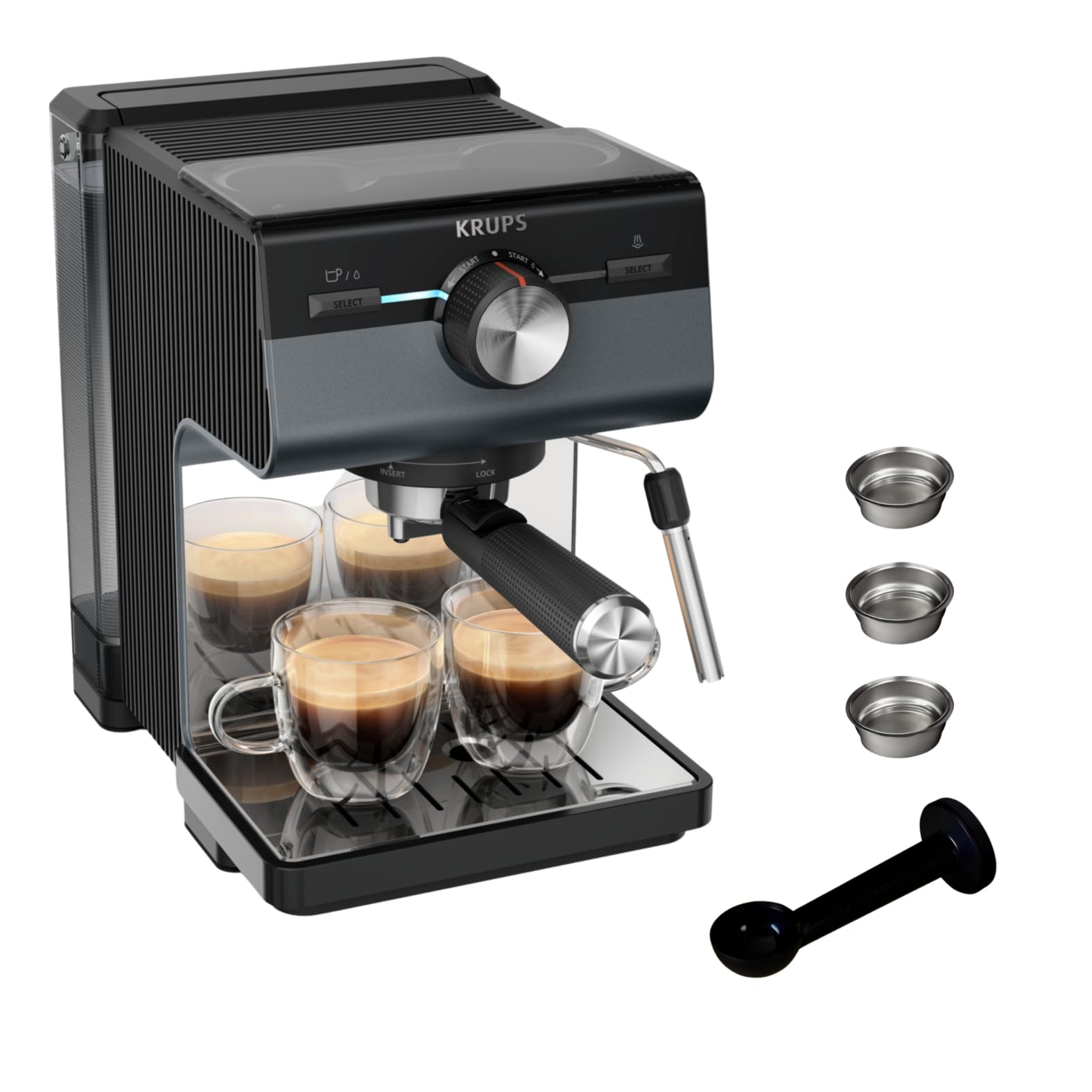 Krups Cafeteira expresso manual, autêntico, 15 barras de pressão, espumador de leite, ajuste manual, colher de medição e compactador, depósito de 2 l de capacidade, Inox, XP381B