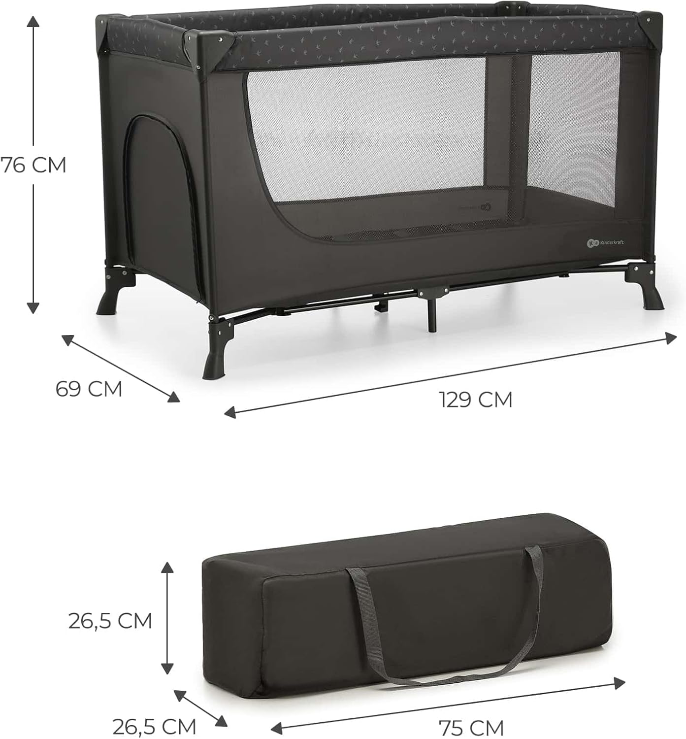 Kinderkraft JOY LIGHT Berço de viagem, parque berço bebé desde o nascimento até 25 kg, dobrável rápida e fácil, entrada lateral, mala de viagem, cinzento