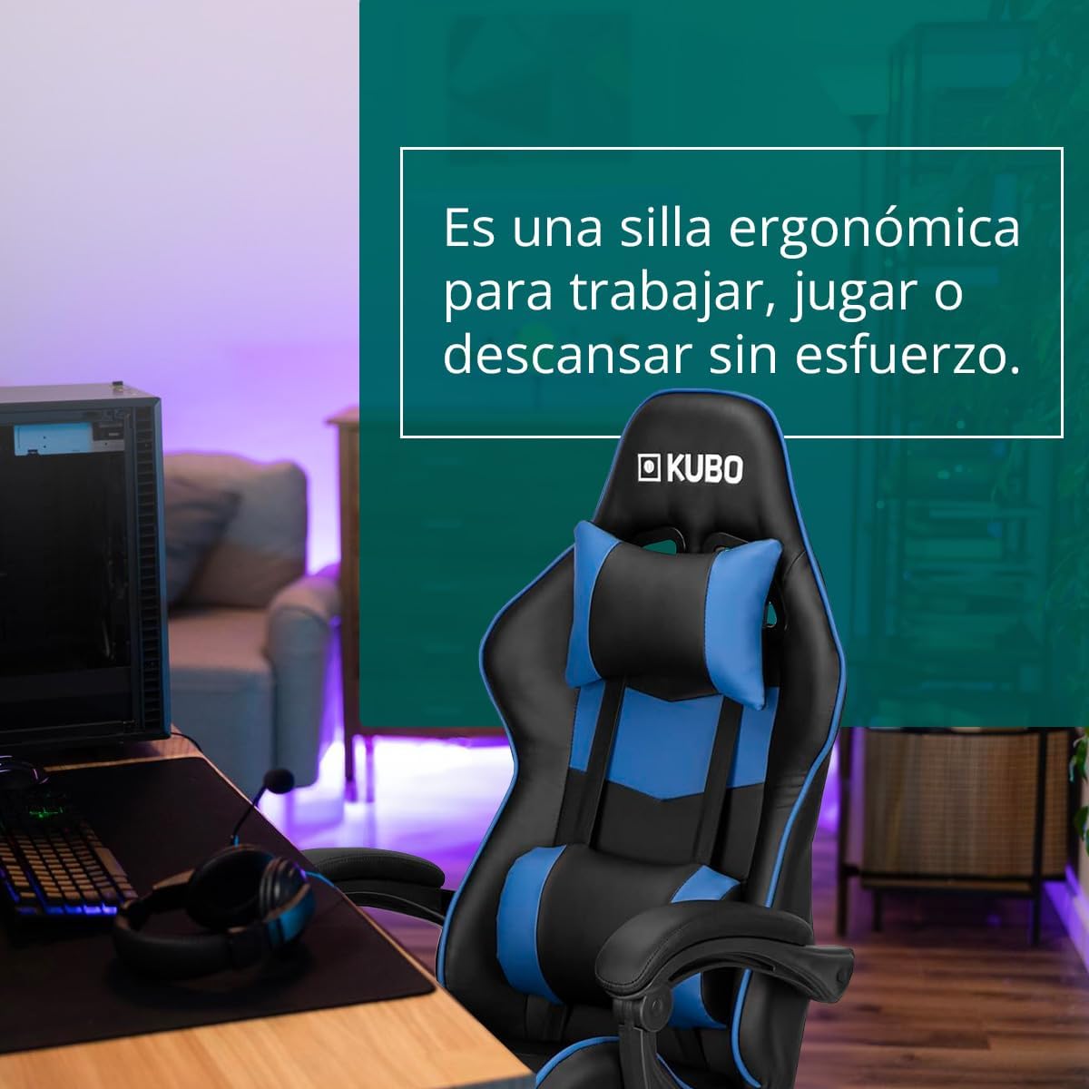 KUBO - Cadeira Gamer - ergonômica - encosto de cabeça - Elevação de gás nível 4 - Máximo conforto - Cor: Azul - Peso máximo de até 130 kg