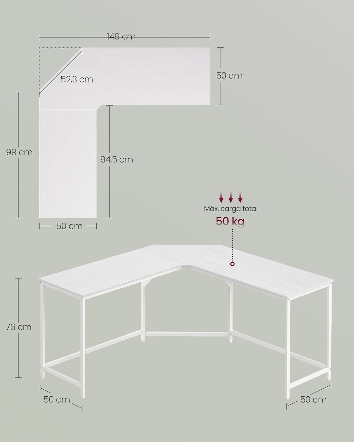 VASAGLE Escritório de canto, mesa em forma de L, 149 x 149 x 76 cm, economiza espaço, escritório em casa, jogos, branco Bordo LWD073W01