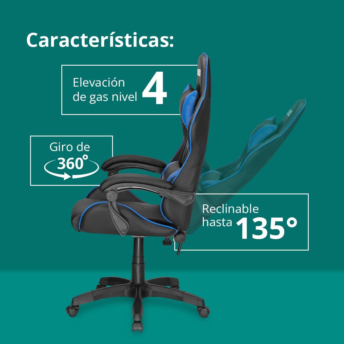 KUBO - Cadeira Gamer - ergonômica - encosto de cabeça - Elevação de gás nível 4 - Máximo conforto - Cor: Azul - Peso máximo de até 130 kg