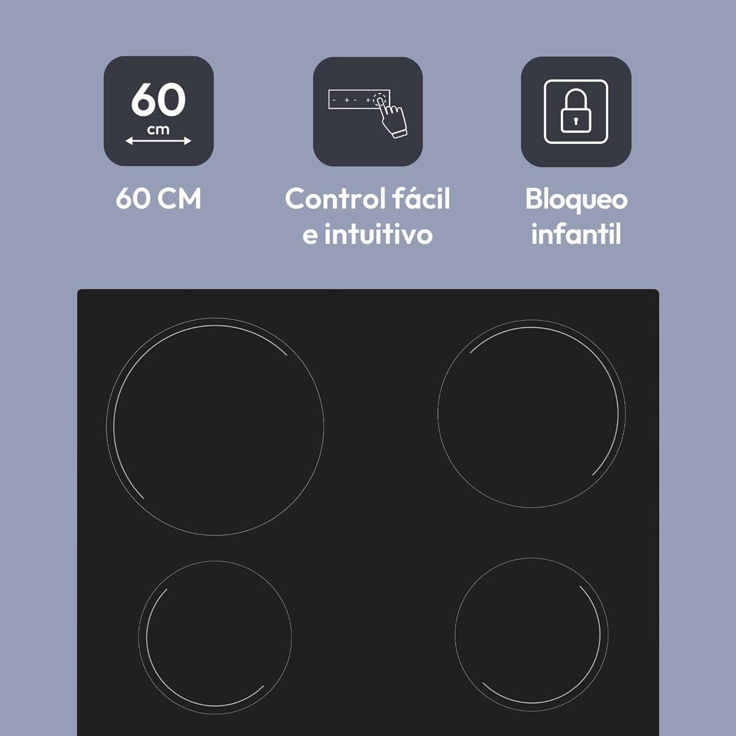 Candy Idea CH64CCB 4U2 Placa de vinil 4 fogos, 60 cm, 10 níveis de potência, 6,5 KW, comandos centrais, indicador de calor, bloqueio de segurança, alerta sobreaquecimento e errames, preto
