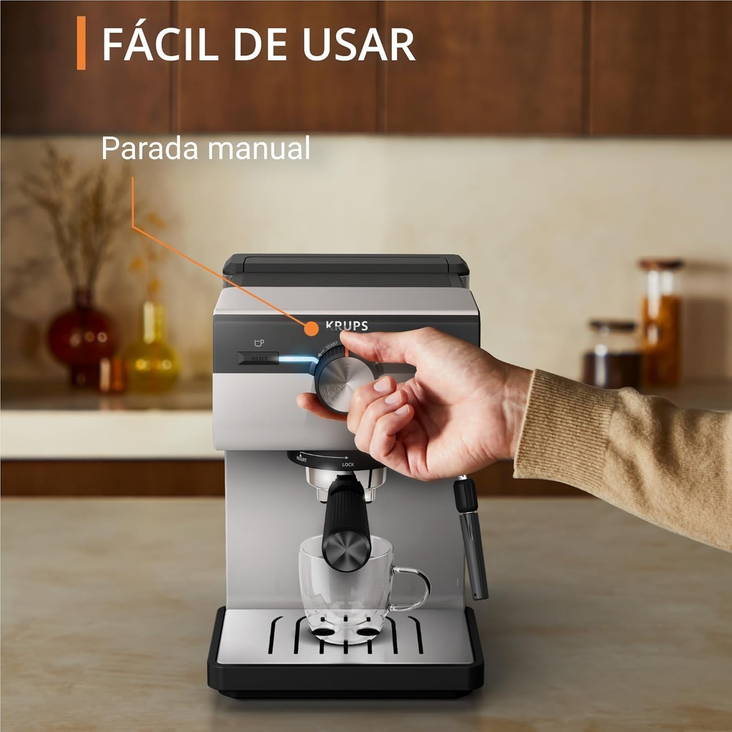 Krups Cafeteira expresso manual, autêntico, 15 barras de pressão, espumador de leite, ajuste manual, colher de medição e compactador, depósito de 2 l de capacidade, Inox, XP381B