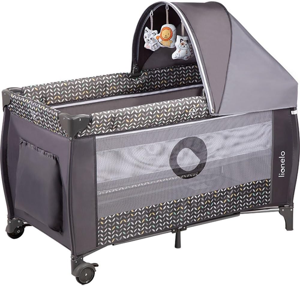 lionelo Sven Plus Berço de viagem para bebés 0-36 M para crianças até 15 kg função de trocador mosquiteira abertura lateral com fecho de correr ajuste de altura (cinzento)