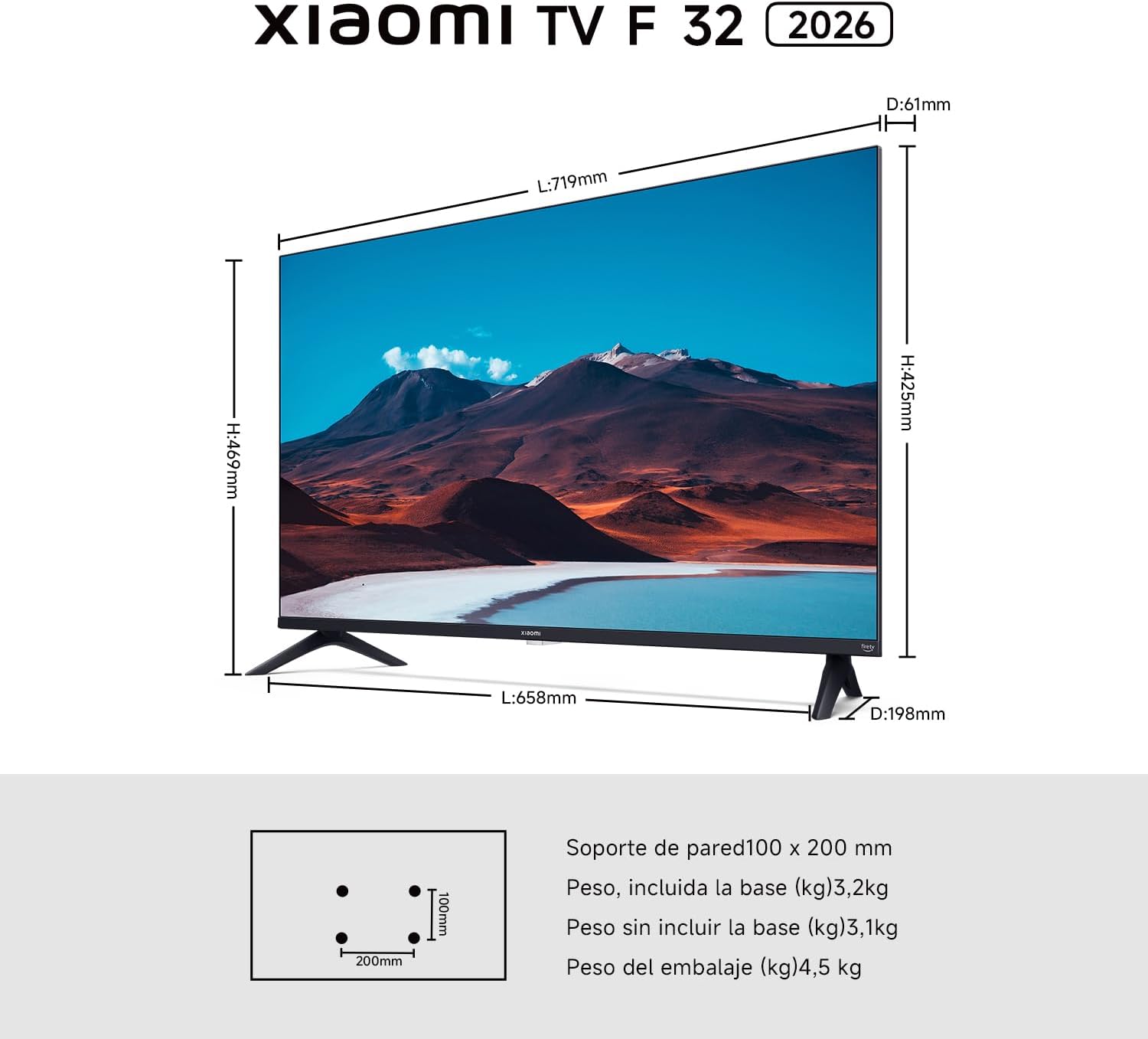XIAOMI TV F 32, 32 polegadas (81 cm), HD, Smart TV, Fire OS7, controlo de voz Alexa, áudio Dolby, DTS Virtual: X, DTS-HD, compatível com Apple AirPlay, 2025