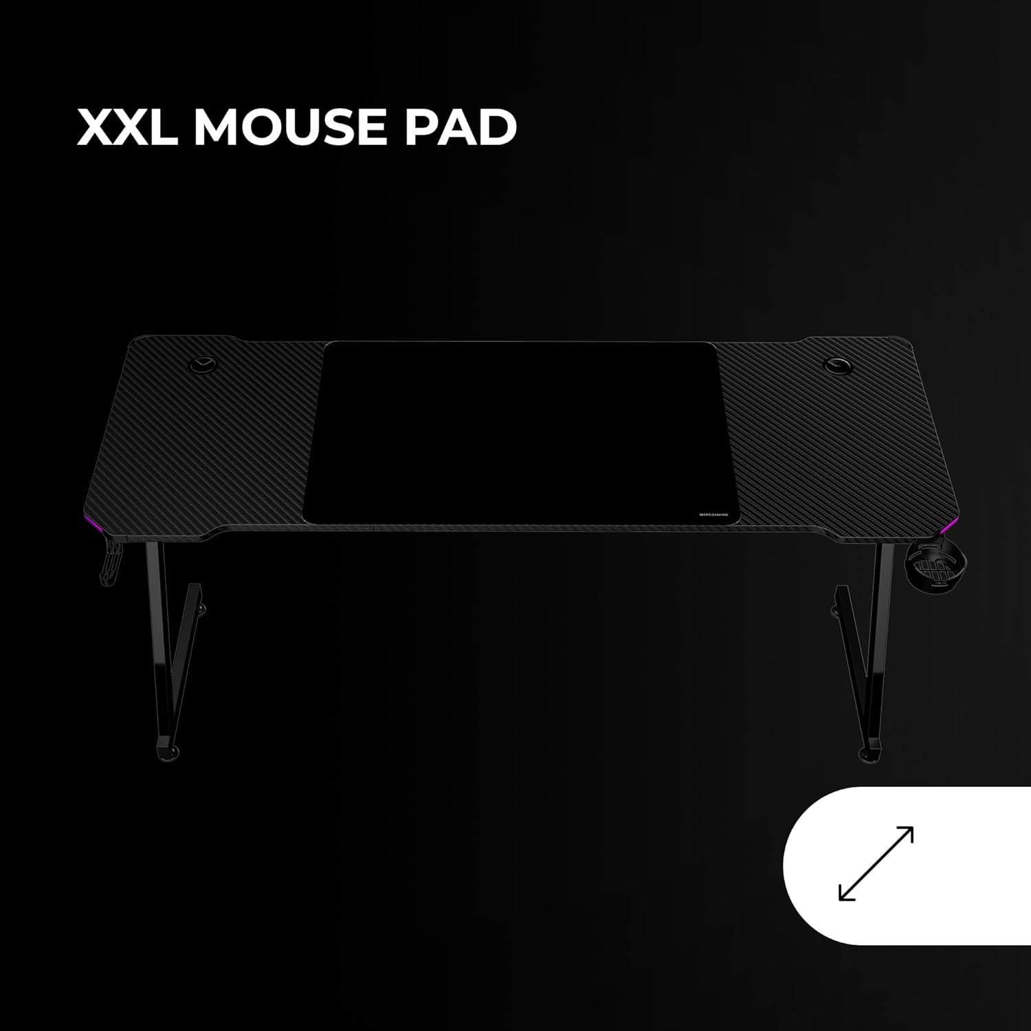 Mars Gaming MGD-X160RGB, Mesa de jogos ergonómica, iluminação ARGB com comando, fibra de carbono, tapete XXL, suporte auriculares e bebida, gestão com cabos, secretária Gaming 160 x 60 cm, preto