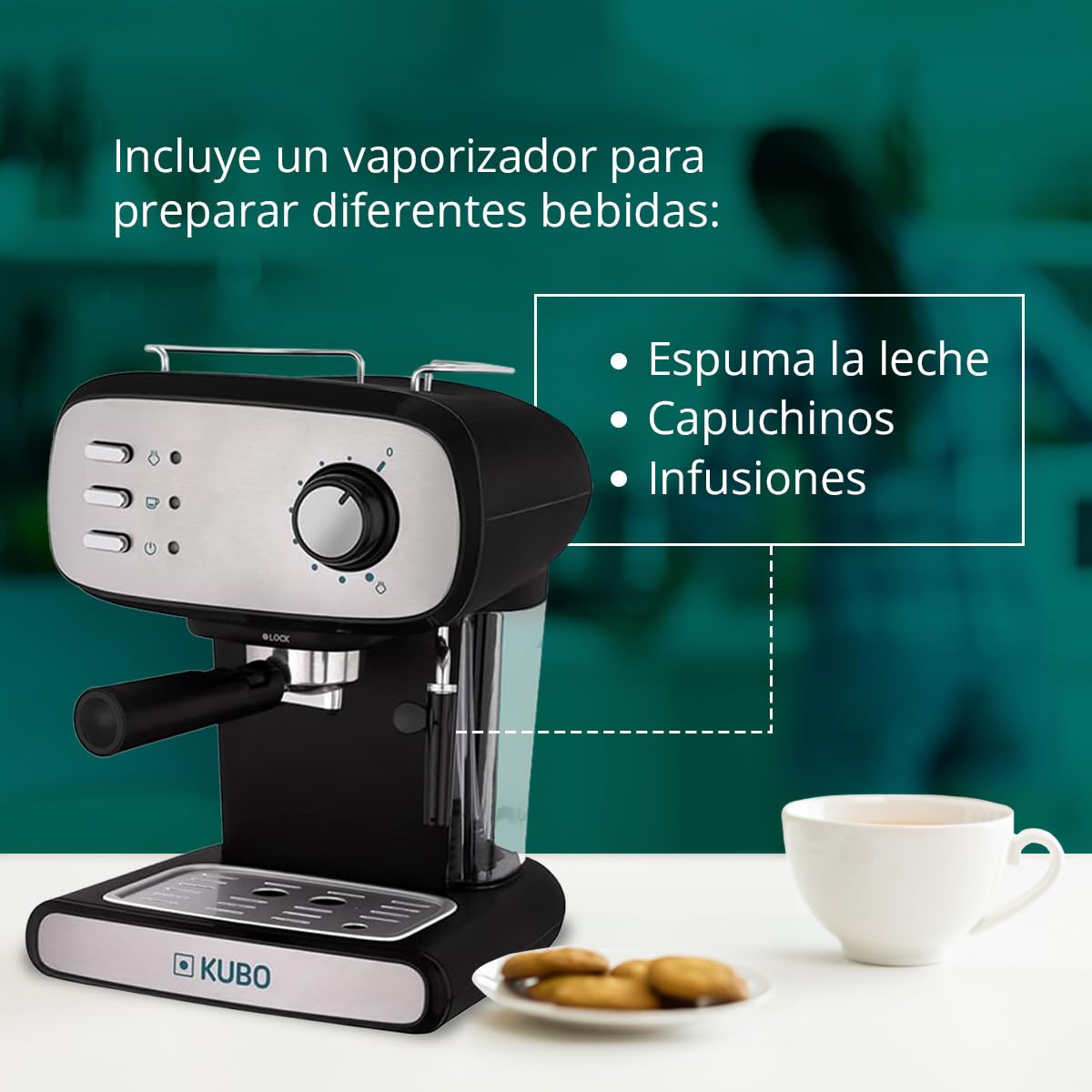 KUBO - Máquina de café expresso, pressão 15 bar, depósito de água 1,2 L, 850 W, vaporizador para cappuccino ou bebidas com leite, fácil de limpar