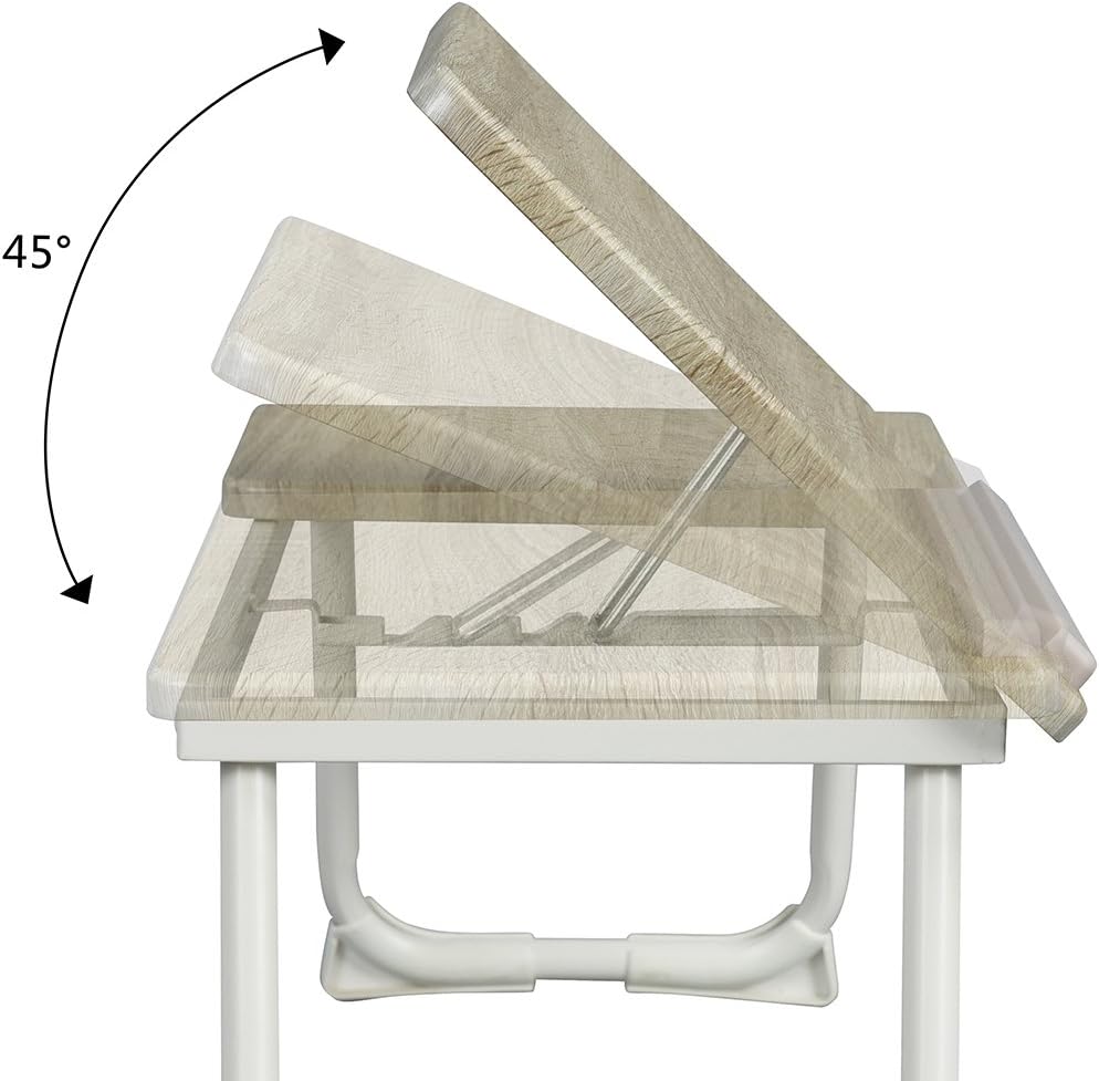 MEUBLE COSY - Mesa de cama con soporte para ordenador portátil plegable (altura regulable, tablero acabado de roble, base de metal blanco, 65 x 30 x 27,5 cm)