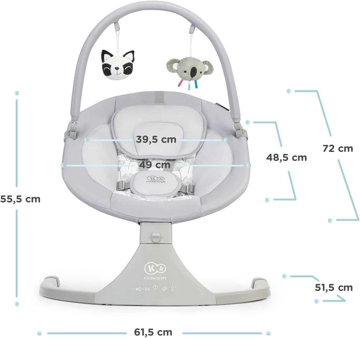 kk Kinderkraft LULI Hamaca bebé, Eléctrica Silla macedora, Columpio bebe, Balancin para bebés 0-9 kg, Balanceo automatico 5 Velocidades, Arco regulable con 2 juguetes, 12 melodias, , Gris