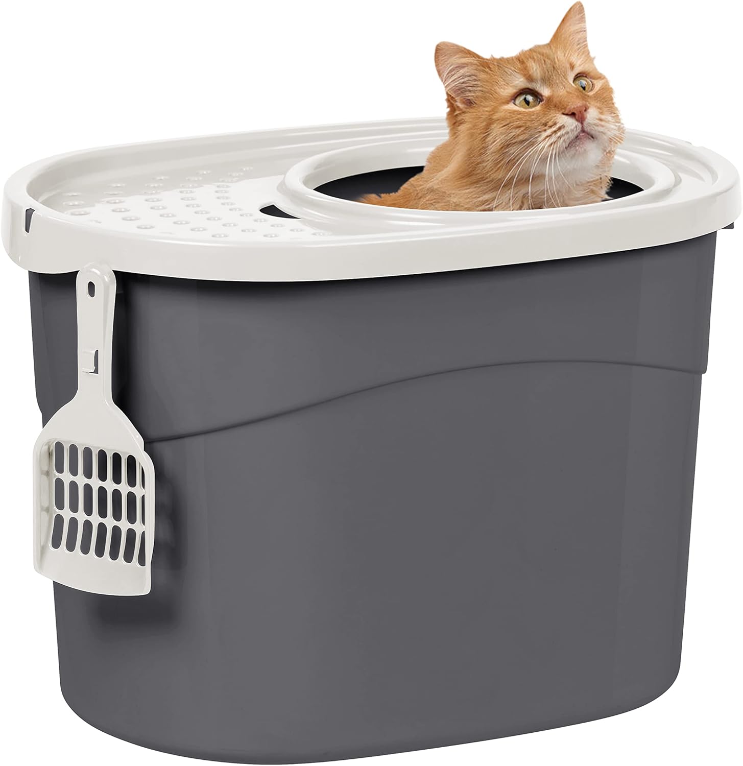 Iris Ohyama Areneiro de gato coberto com pá, até 7 kg, cinzento/branco, caixa de areia para gatos, caixa, para gatos grandes e pequenos, fechado, caça-louças, WC, livre de BPA, Cat Litter Box, TECL-20