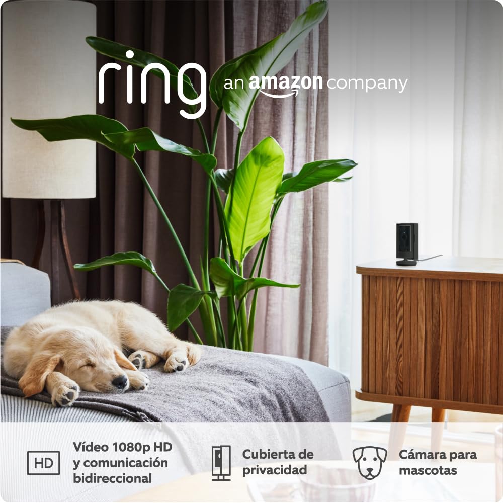 Ring Cámara interior (Indoor Camera 2.ª gen.) | Cámara de vigilancia wifi con enchufe para mascotas | Vídeo 1080p HD, comunicación bidireccional, cubierta de privacidad | 30 días gratis de Ring Home