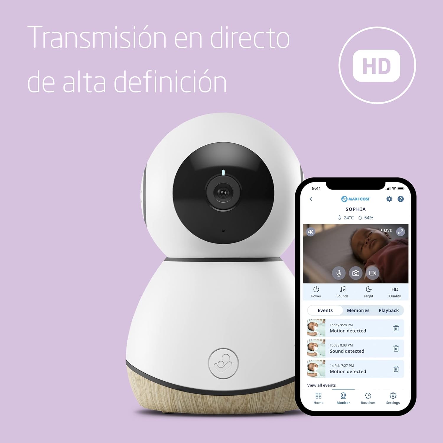 Maxi-Cosi See câmara de vigilância para bebés wi-fi interior, monitor para bebés com câmara de visão noturna HD, vídeo e áudio, sensor de movimento e sons relaxantes, deteta temperatura e humidade da