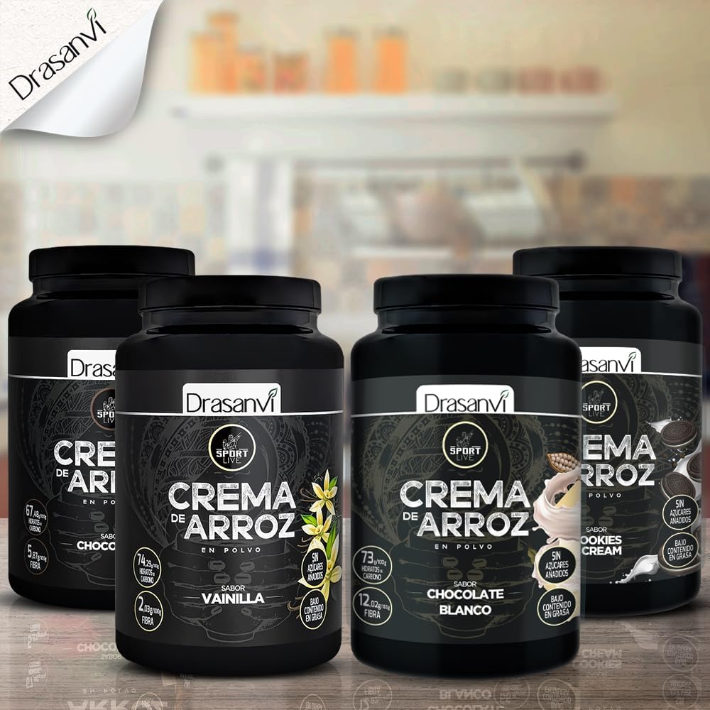 DRASANVI Creme de arroz | Creme de arroz fitness | Energia rápida e sustentada, Hidratos de carbono, fibra e proteínas de qualidade, sem gorduras nem açúcares adicionais, sabor chocolate branco - 1 kg