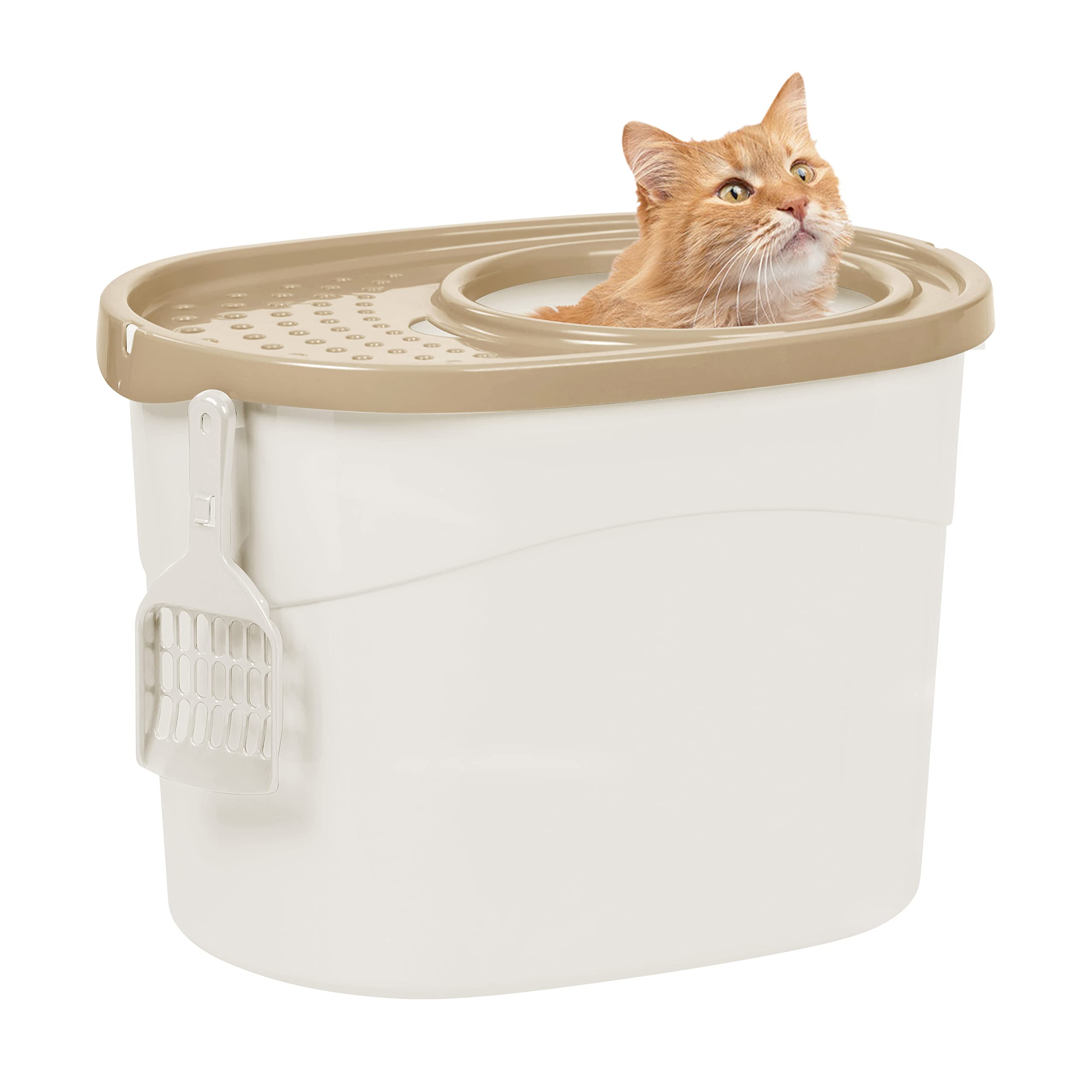 Iris Ohyama Areneiro de gato coberto com pá, até 7 kg, cinzento/branco, caixa de areia para gatos, caixa, para gatos grandes e pequenos, fechado, caça-louças, WC, livre de BPA, Cat Litter Box, TECL-20