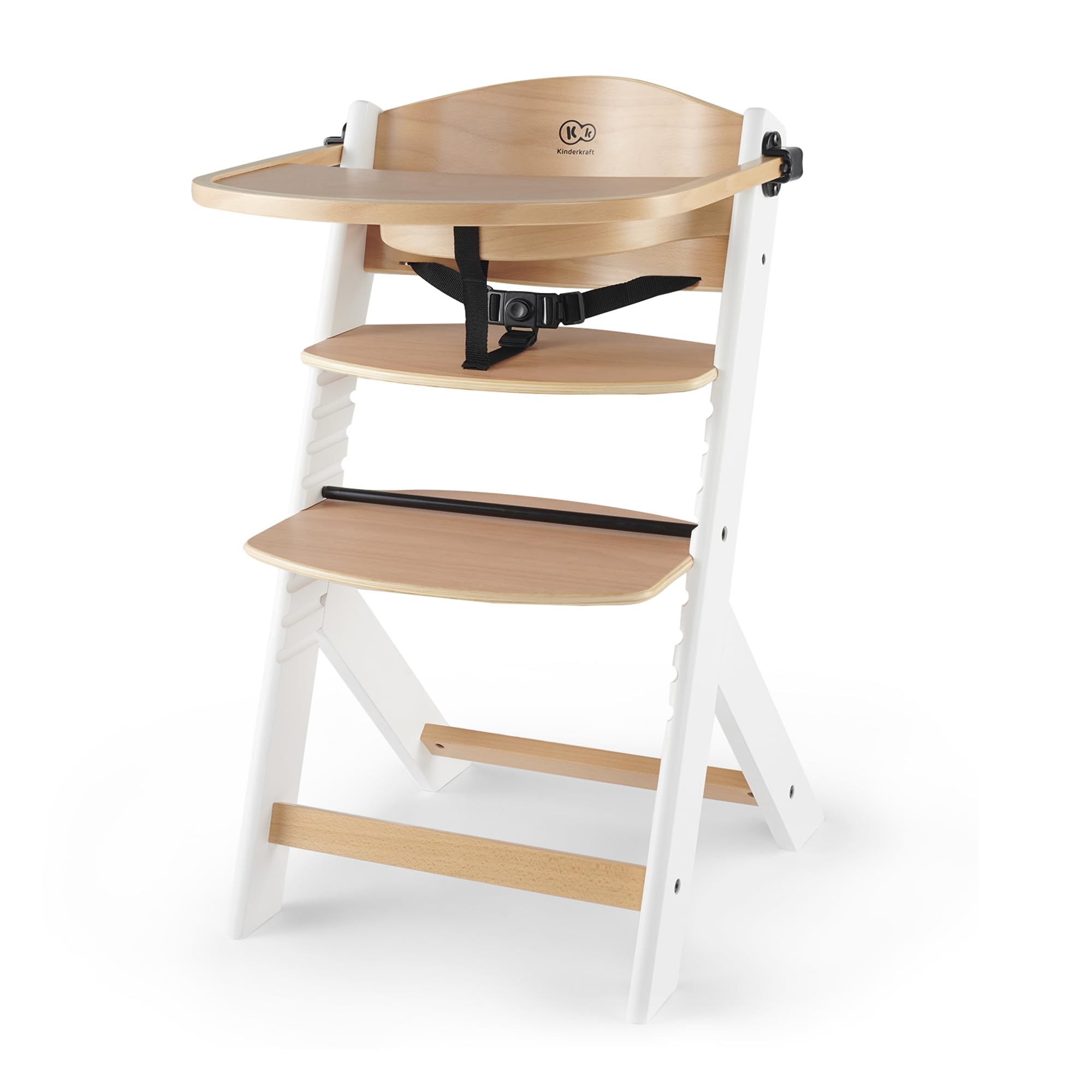 kk Kinderkraft ENOCK Cadeira alta bebé de madeira, infantil, portátil, para crianças, cadeira alta evolutiva, ergonómica, com acessórios, barreira e bandeja, madeira natural