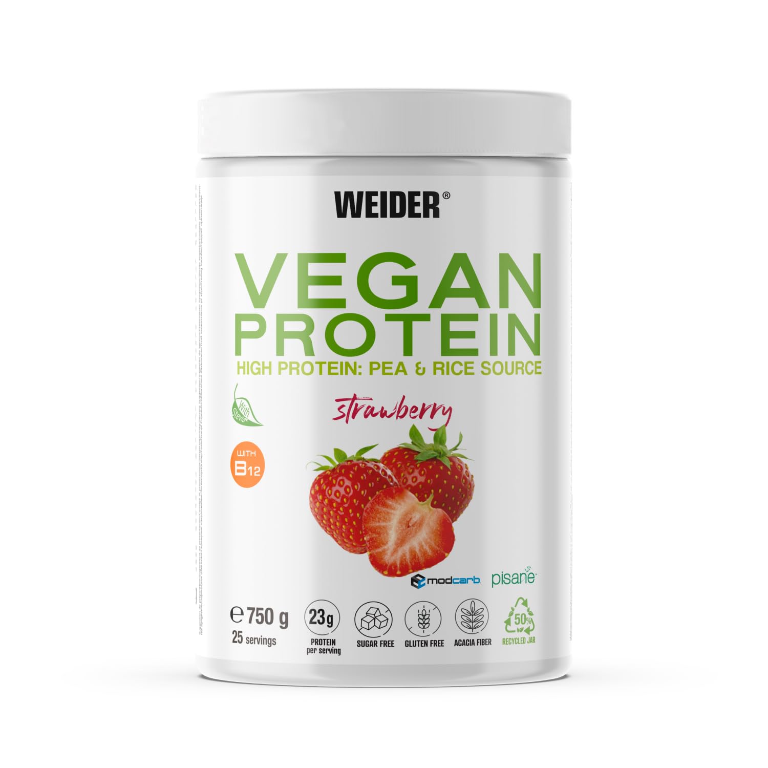 Weider Vegan Protein (750g) Sabor Vainilla. Proteína Vegana 23g/dosis Aislada Guisante (Pisane) y Arroz. Con Vitamina B12 y Stevia. Sin Gluten, Sin Azúcar. Bote 50% Reciclado, 100% Reciclable