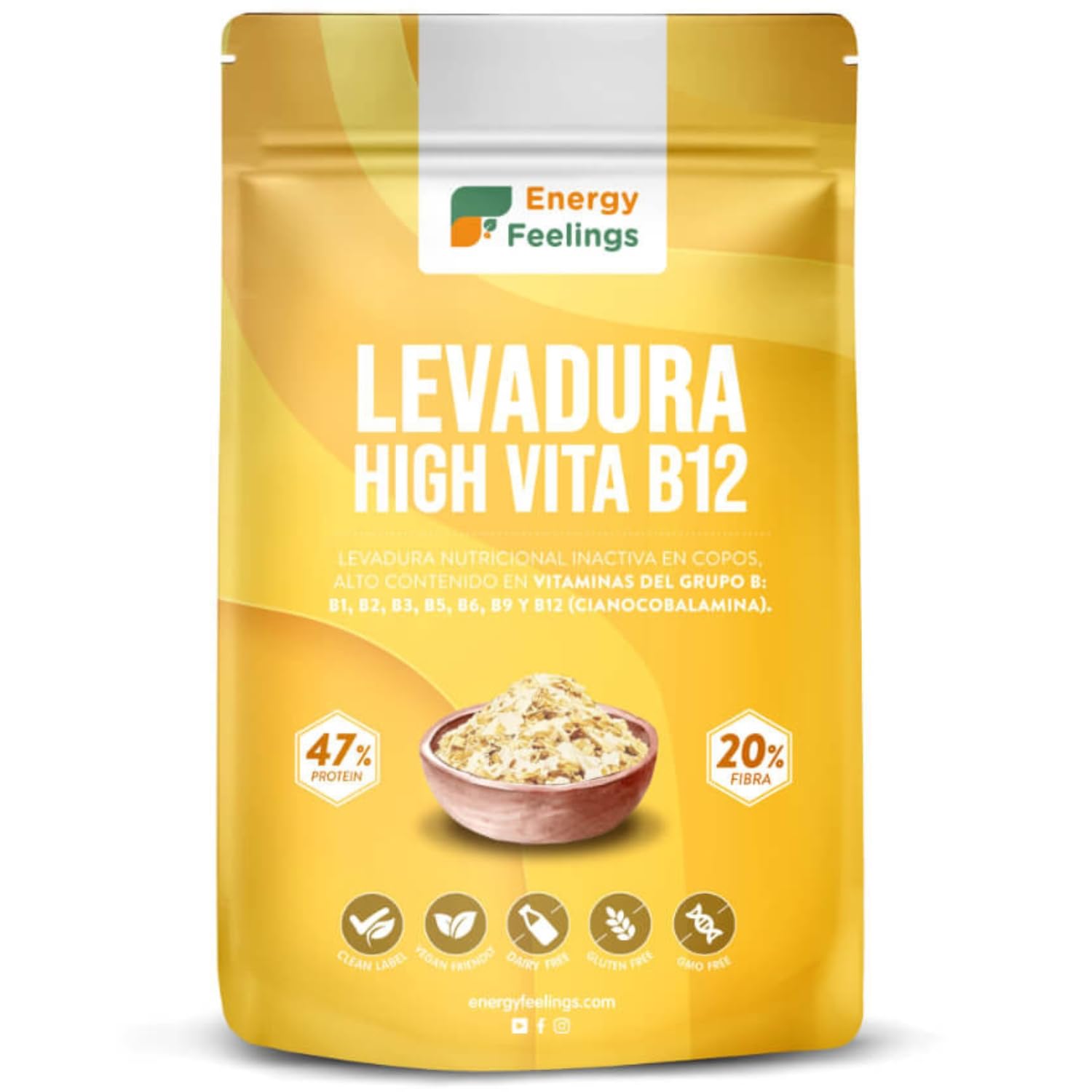 Energy Feelings Levedura nutricional B12, 1 kg, levedura nutritiva em flocos rica em vitamina B e proteínas, 51%, natural Yeast sem glúten, sem açúcar, ideal para queijo vegano