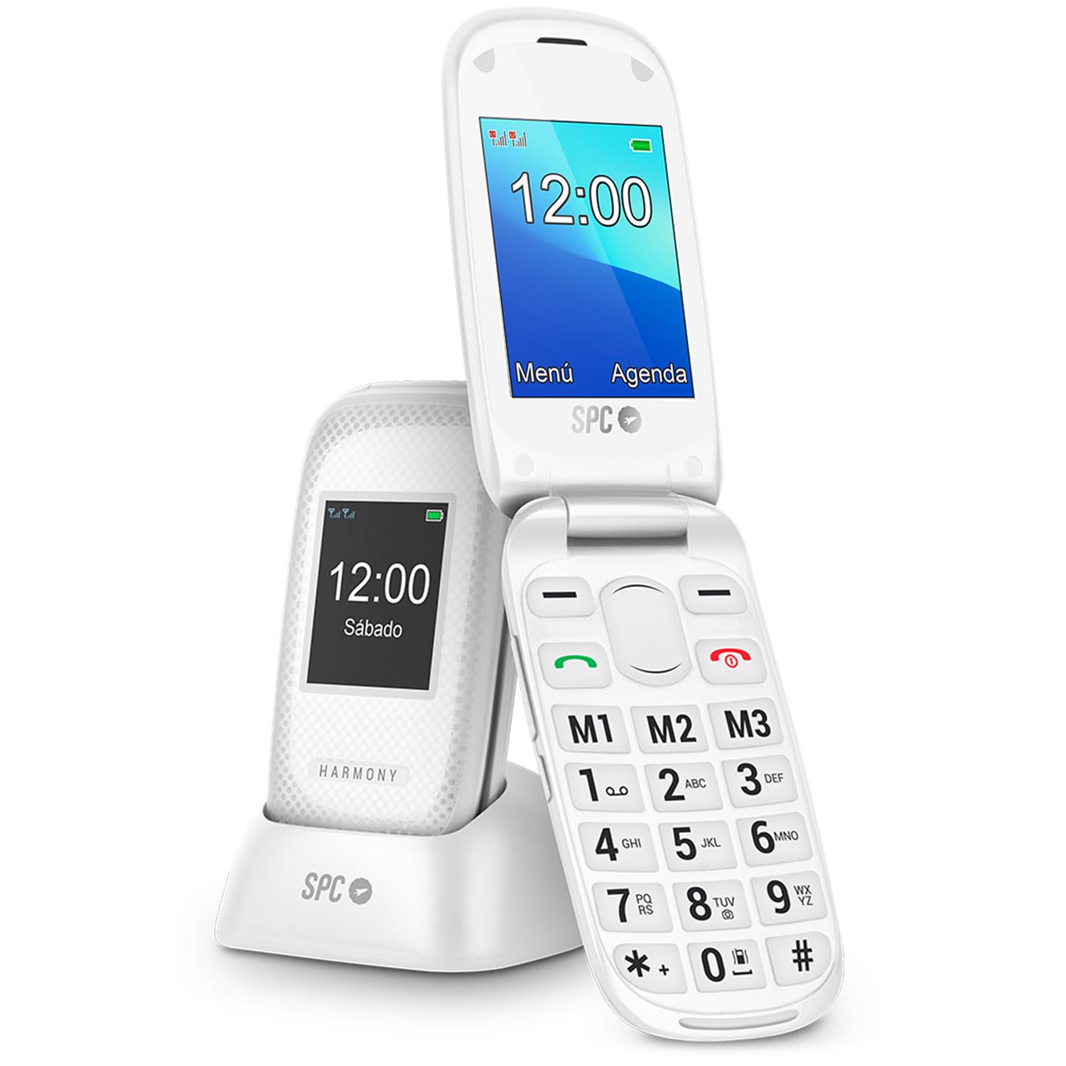 SPC Harmony - Telemóvel para idosos, telemóveis com tampa, teclas grandes, volume alto 96dB, compatível com aparelhos auditivos, contactos com imagem, botão SUS, ecrã duplo (2,4" + 1,77") - preto