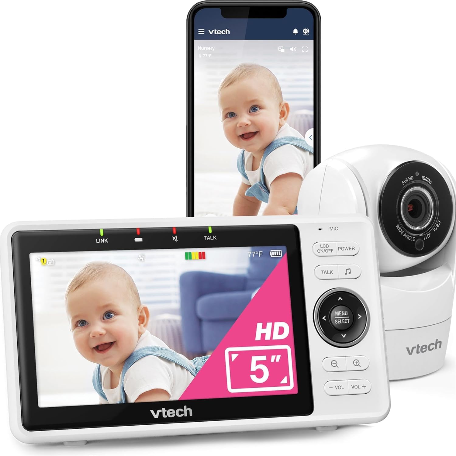 VTech VM924 Câmara de vigilância para bebé, 2600 mAh monitor de bebé com câmara de vigilância para bebés monitor sem fios de vídeo com LCD de 5" inteligente VOX visão noturna