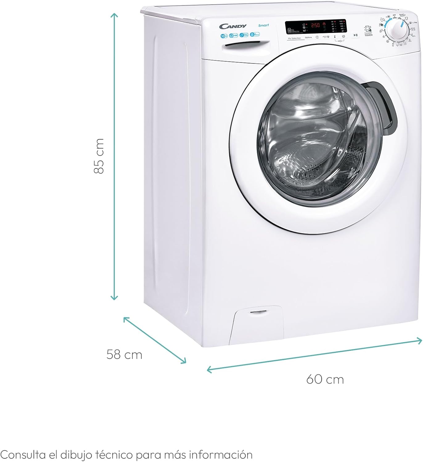 Candy Smart CS 14102DE/1-S, Lavadora 10 KG, 1400 RPM, Pantalla Digital y Mando, Tecnología NFC, Asistente de Voz, 15 Ciclos, 5 Rápidos, Planchado Fácil, Inicio Diferido 24H, Detector KG, 81 DB, Blanco