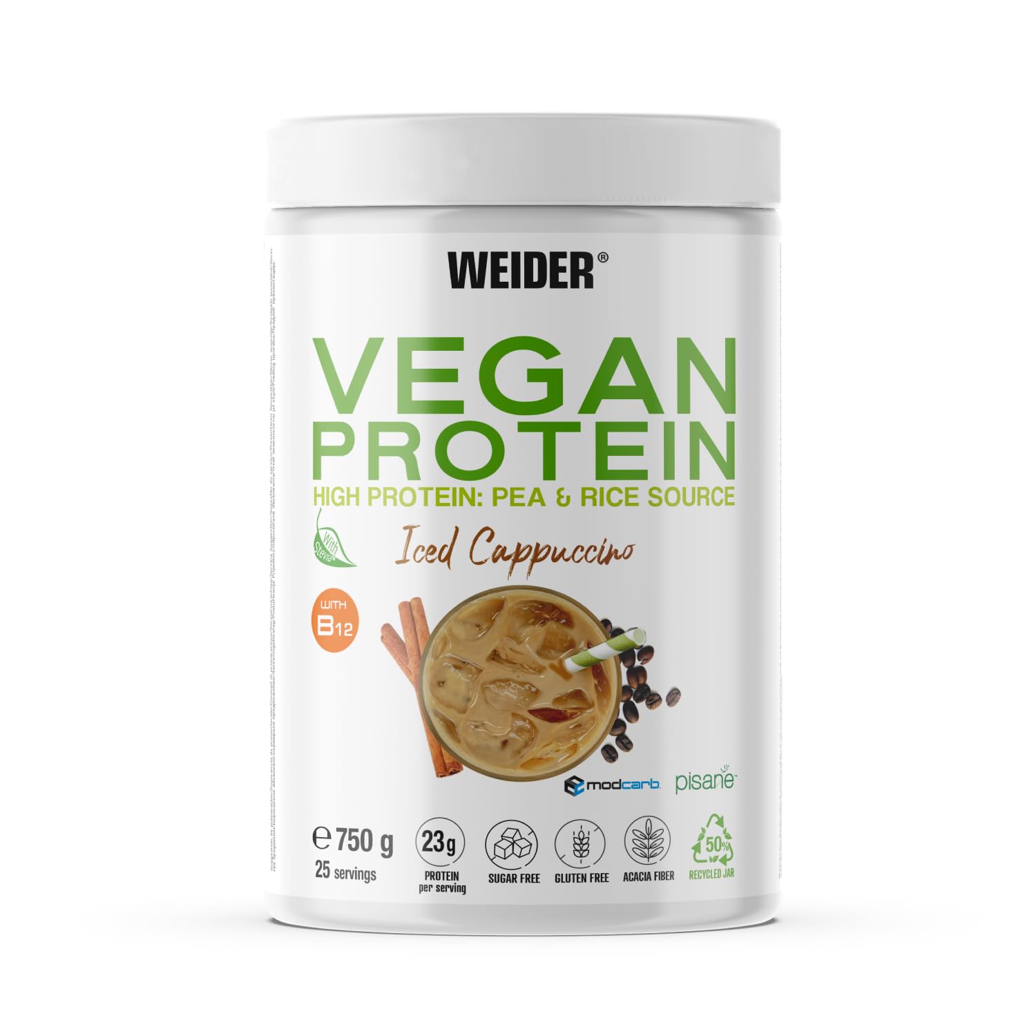 Weider Vegan Protein (750g) Sabor Vainilla. Proteína Vegana 23g/dosis Aislada Guisante (Pisane) y Arroz. Con Vitamina B12 y Stevia. Sin Gluten, Sin Azúcar. Bote 50% Reciclado, 100% Reciclable