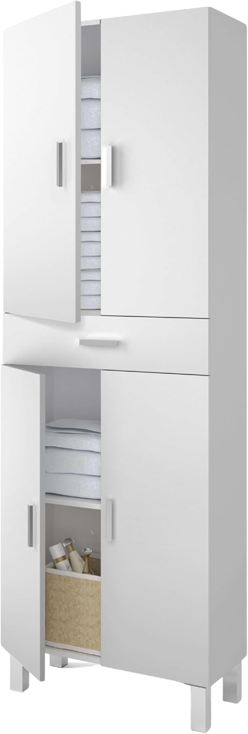 Habitdesign Coluna de casa de banho, armário de lavatório, 4 portas e 1 gaveta, modelo Aruba, acabamento em branco brilho, medidas: 60 cm (largura) x 182 cm (altura) x 29 cm (fundo), grande