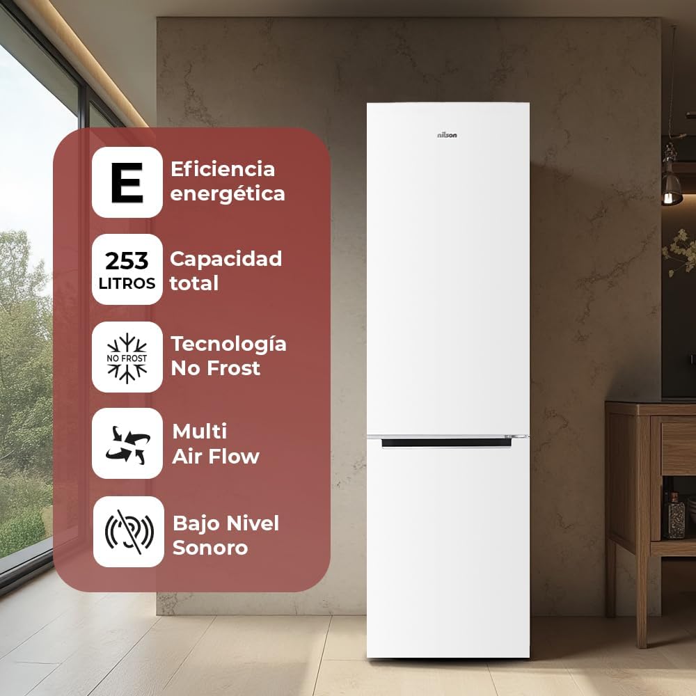 NILSON Frigorífico combinado branco, 2 portas. NC185500ENF, Capacidade de 253 litros, sem rost, Multi Air Flow, baixo nível sonoro, porta reversível, classificação energética E