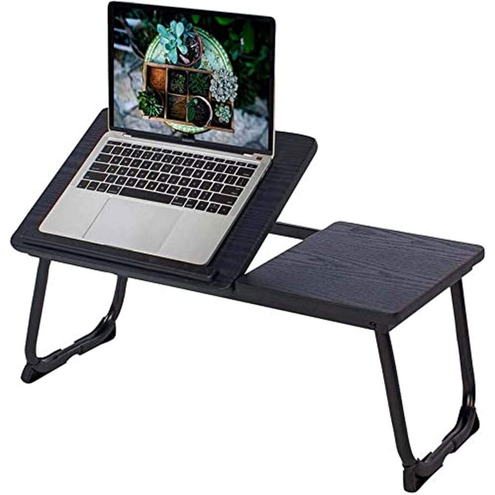 MEUBLE COSY - Mesa de cama con soporte para ordenador portátil plegable (altura regulable, tablero acabado de roble, base de metal blanco, 65 x 30 x 27,5 cm)