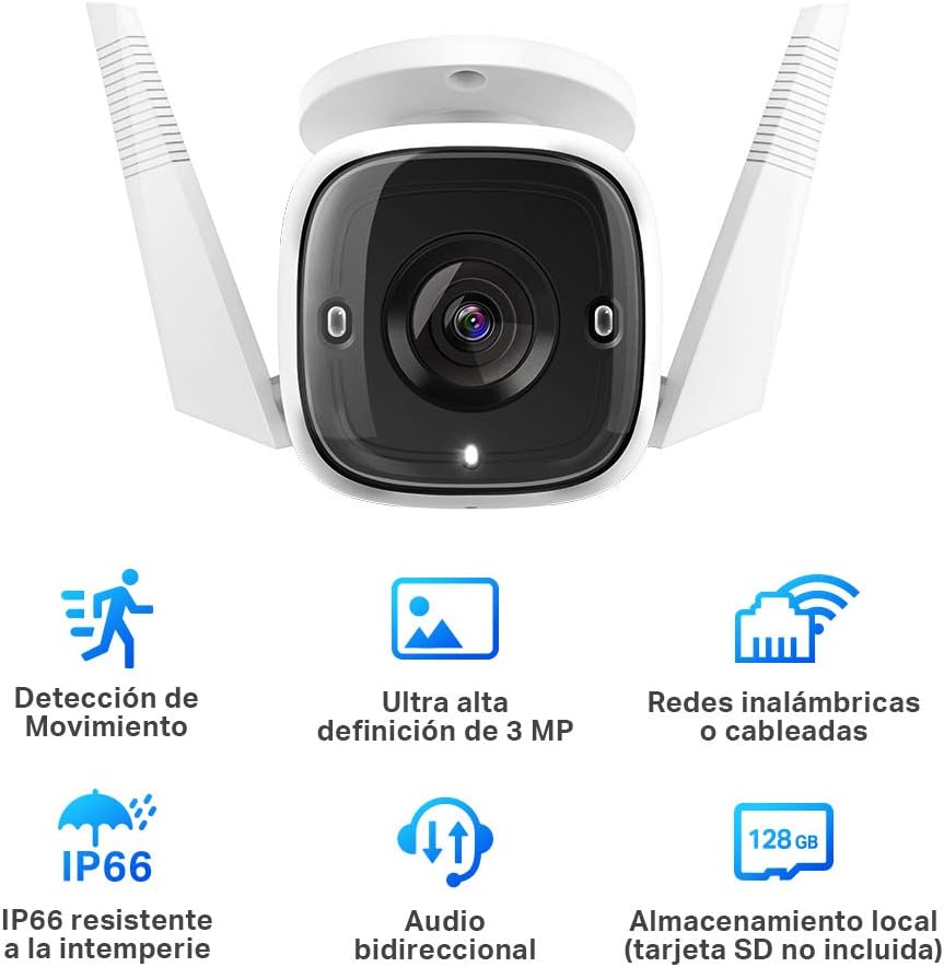 Tapo Camara Vigilancia WiFi Exterior,Cámara 2K 3MP sin batería,IP66 a Prueba de Agua y Polvo, hasta 30m Visión Nocturna, Detección de Movimiento & Alarma Instantánea,Admite Tarjeta SD de 128GB