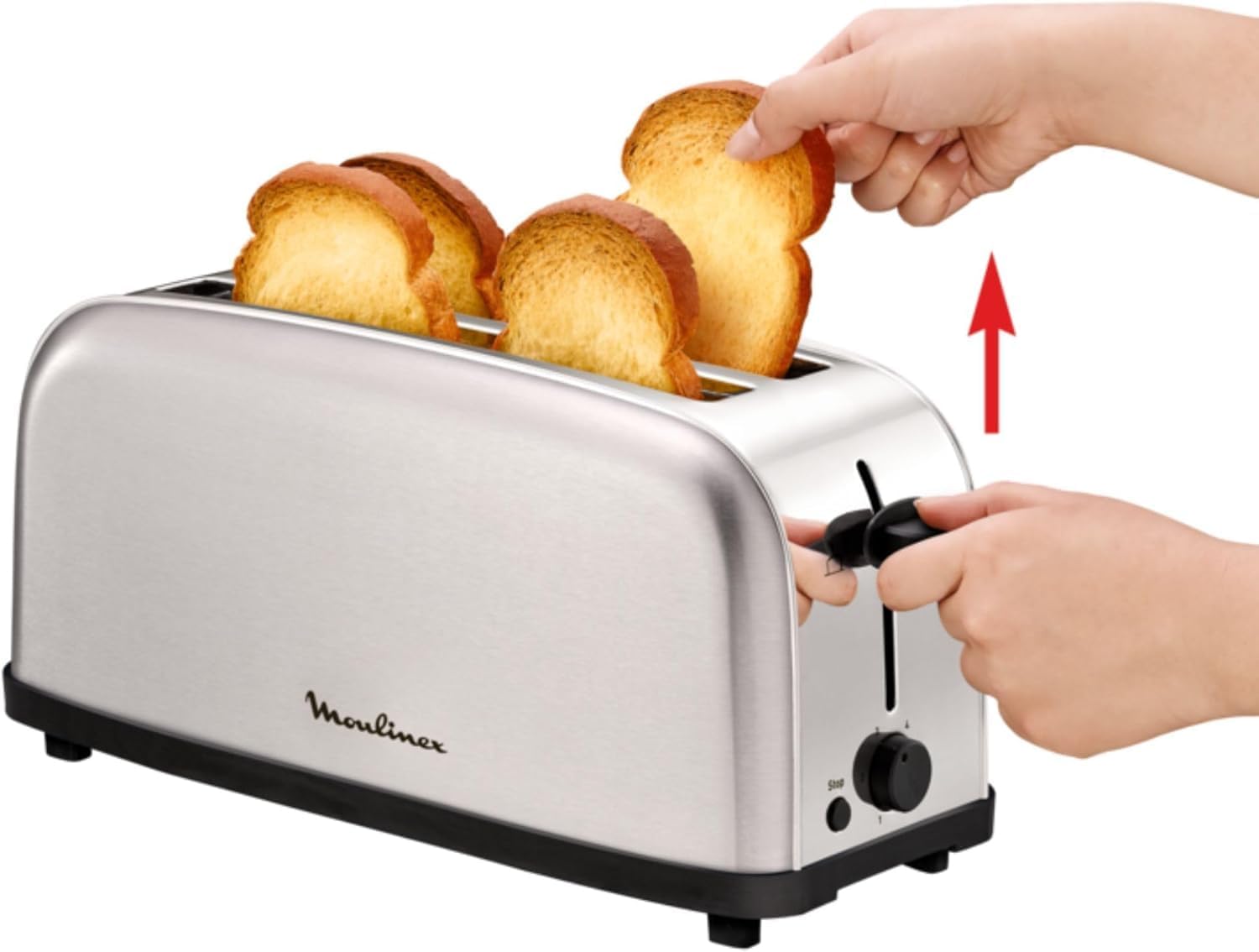 Moulinex Classic LS330D Torradeira de aço inoxidável, 2 ranhuras longas e largas, 1400 W, 6 posições torrada, função Stop e bandeja de recolha, para todos os tipos de pão normal, molde, artesão