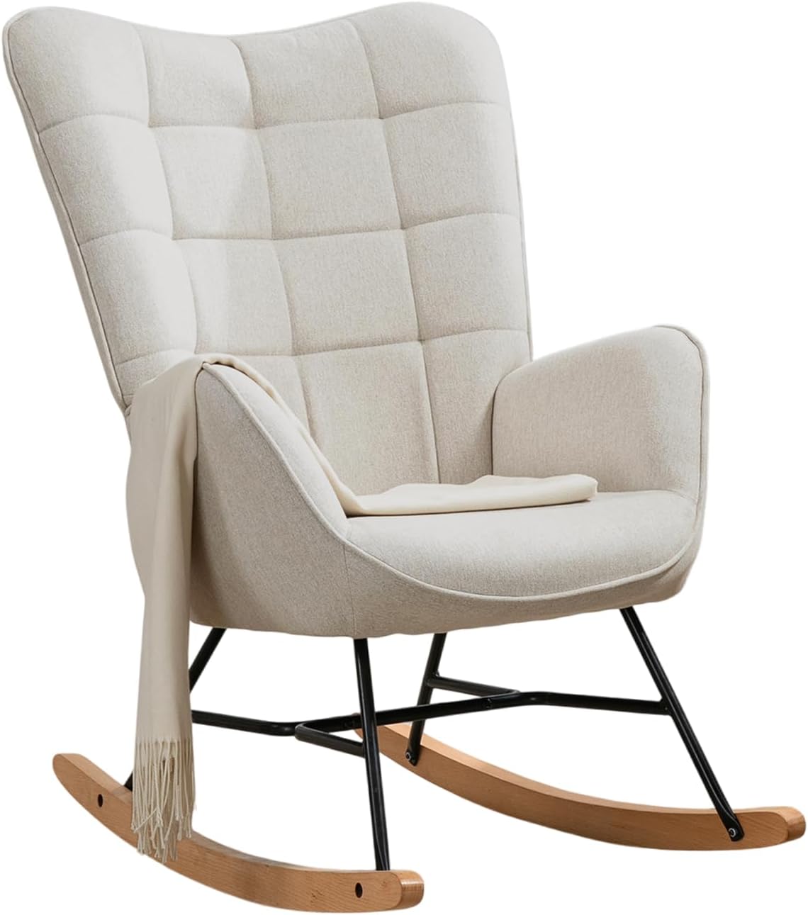 MEUBLE COSY Sillas Mecedora Escandinavo Sillón Relax Especial Lactancia para Salón Dormitorio Balcón Sala de Estudio, Tela, Madera Haya, Metal, Beige