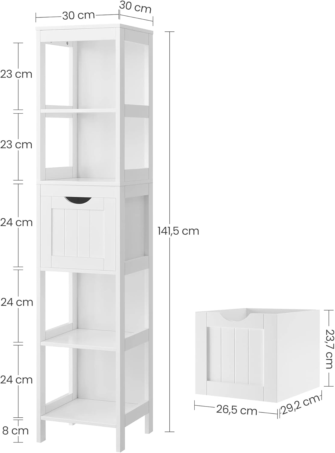 VASAGLE Armário de casa de banho, armário independente, confortável de 2 gavetas, 1 compartimento aberto, para casa de banho, sala de estar, cozinha, branco BBC42WT