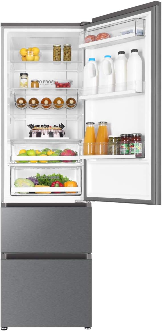 Haier 3D Frigorífico Combinado 3D, motor de inverno, gavetas Direct Access no congelador, garrafeiro, Humidity Zone, 371 l, total sem rost, classe D, inoxidável, largura: 60 cm, altura: 200 cm