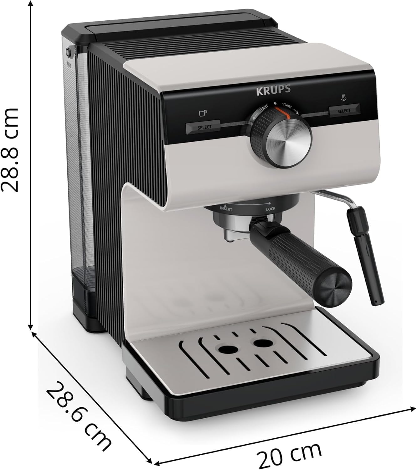 Krups Cafeteira expresso manual, autêntico, 15 barras de pressão, espumador de leite, ajuste manual, colher de medição e compactador, depósito de 2 l de capacidade, Inox, XP381B
