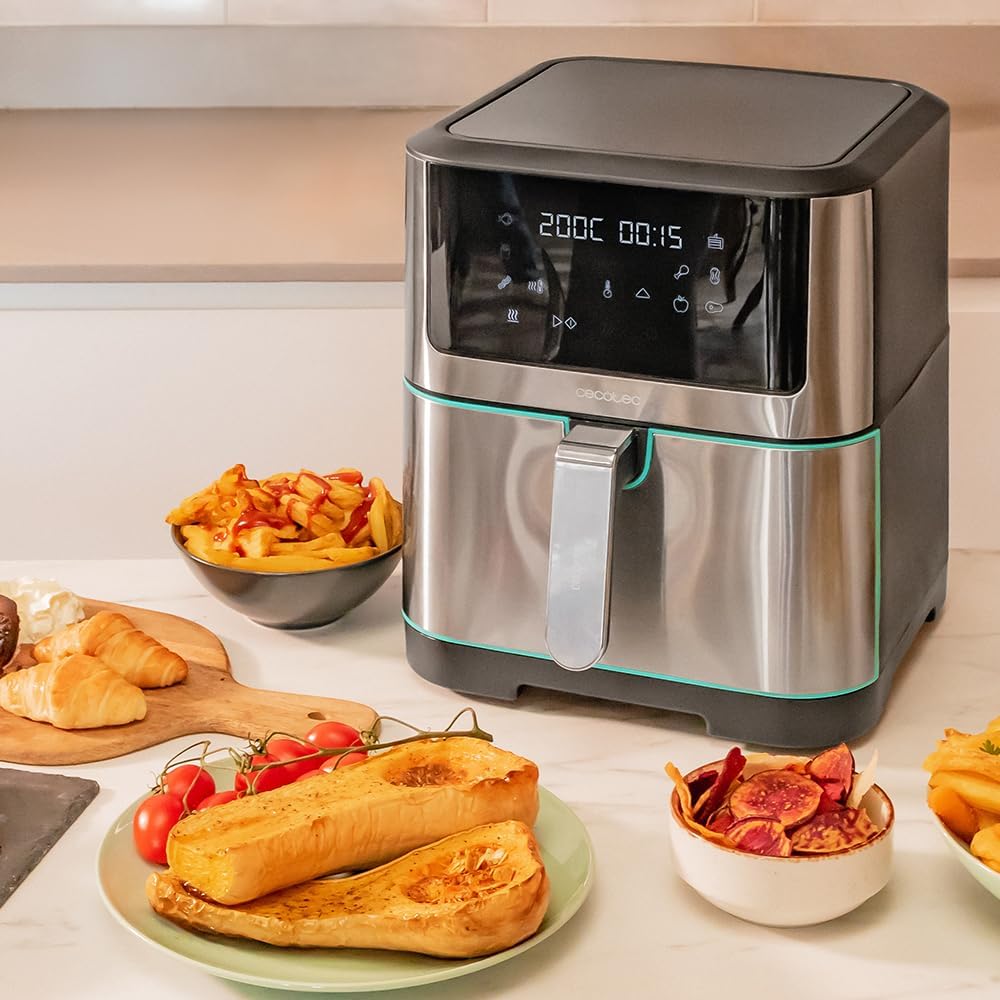 Cecotec Frigideira de ar sem óleo de 8 l, Cecofry Supreme 8000 Air Fryer. 1800 W, painel de toque, 30º - 200 ºC, 10 modos pré-configurados, pré-heat, alerta, acabamentos em aço inoxidável