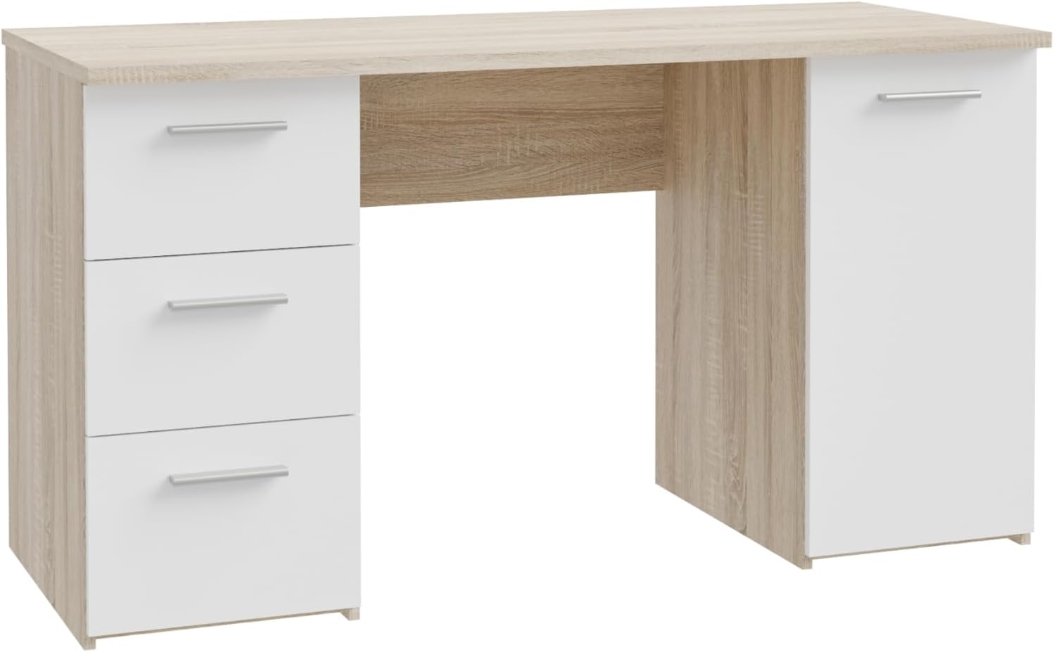 Forte NET307 - Escritorio con 1 Puerta y 3 cajones, Madera de Roble Sonoma con Blanco, 138 x 75 x 60 cm