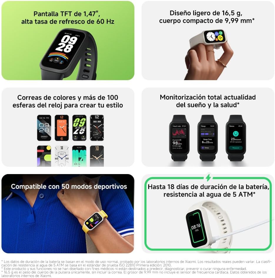 Xiaomi Smart Band 9 Active - Pulsera de Actividad, autonomía de hasta 18 días, Pantalla TFT de 1,47" con tasa de refresco de 60 Hz, 5ATM, App Mi Fitness