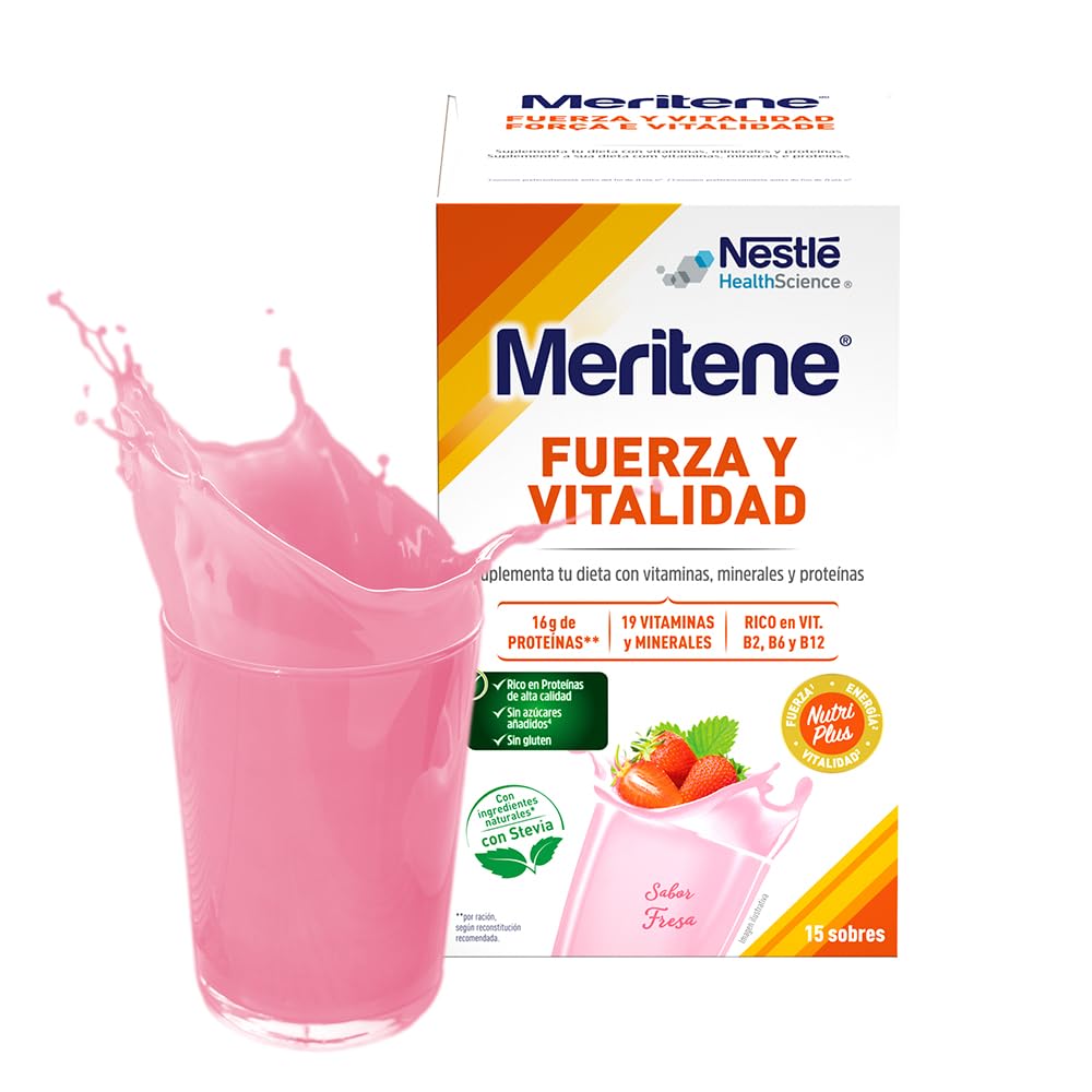 Meritene | Fuerza y Vitalidad | Batidos Sabor Vainilla | Fuerza para tus Músculos, Vitalidad para ti | Solución Nutricional para Adultos con Proteínas, Vitaminas y Minerales | 15 Sobres | 450 gr