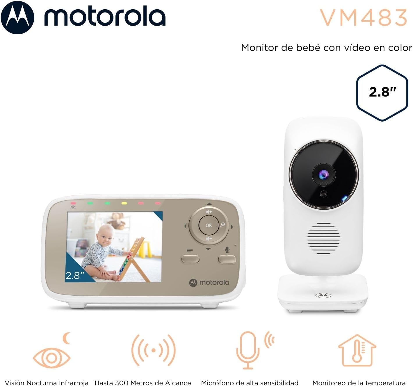 Motorola Nursery VM483 Videomonitores para bebés, unidade para pais de 2,8 polegadas, infravermelhos, zoom digital, função Talk-Back, branco